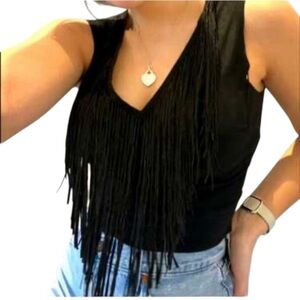 ANGL Black Fringe Sleeveless Body Suit plunging neck boho western cowgirl top